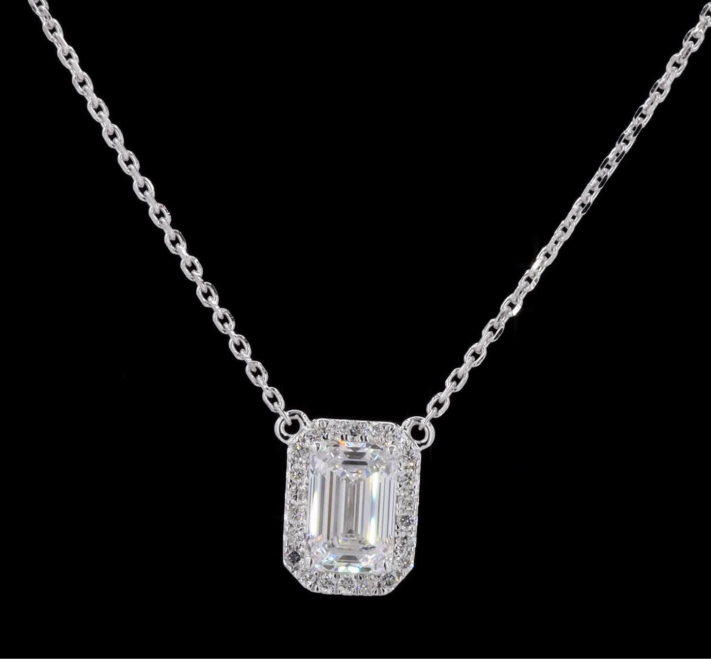 Emerald Cut Diamond Halo Necklace