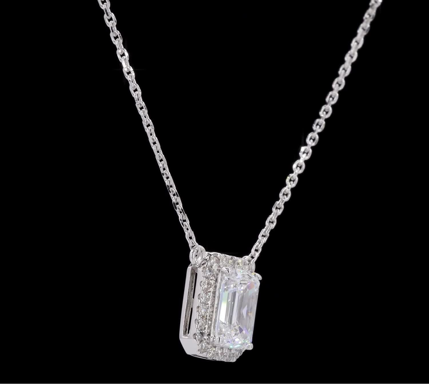 Emerald Cut Diamond Halo Necklace
