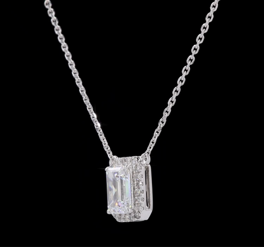 Emerald Cut Diamond Halo Necklace