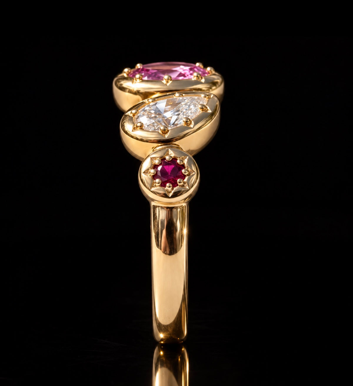Pink Sapphire, Diamond & Ruby Ring