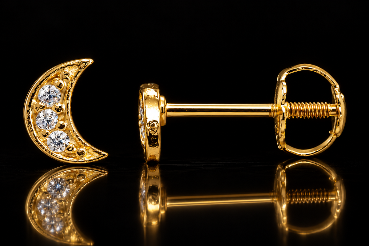 Children’s Gold Diamond Crescent Moon Stud Earrings