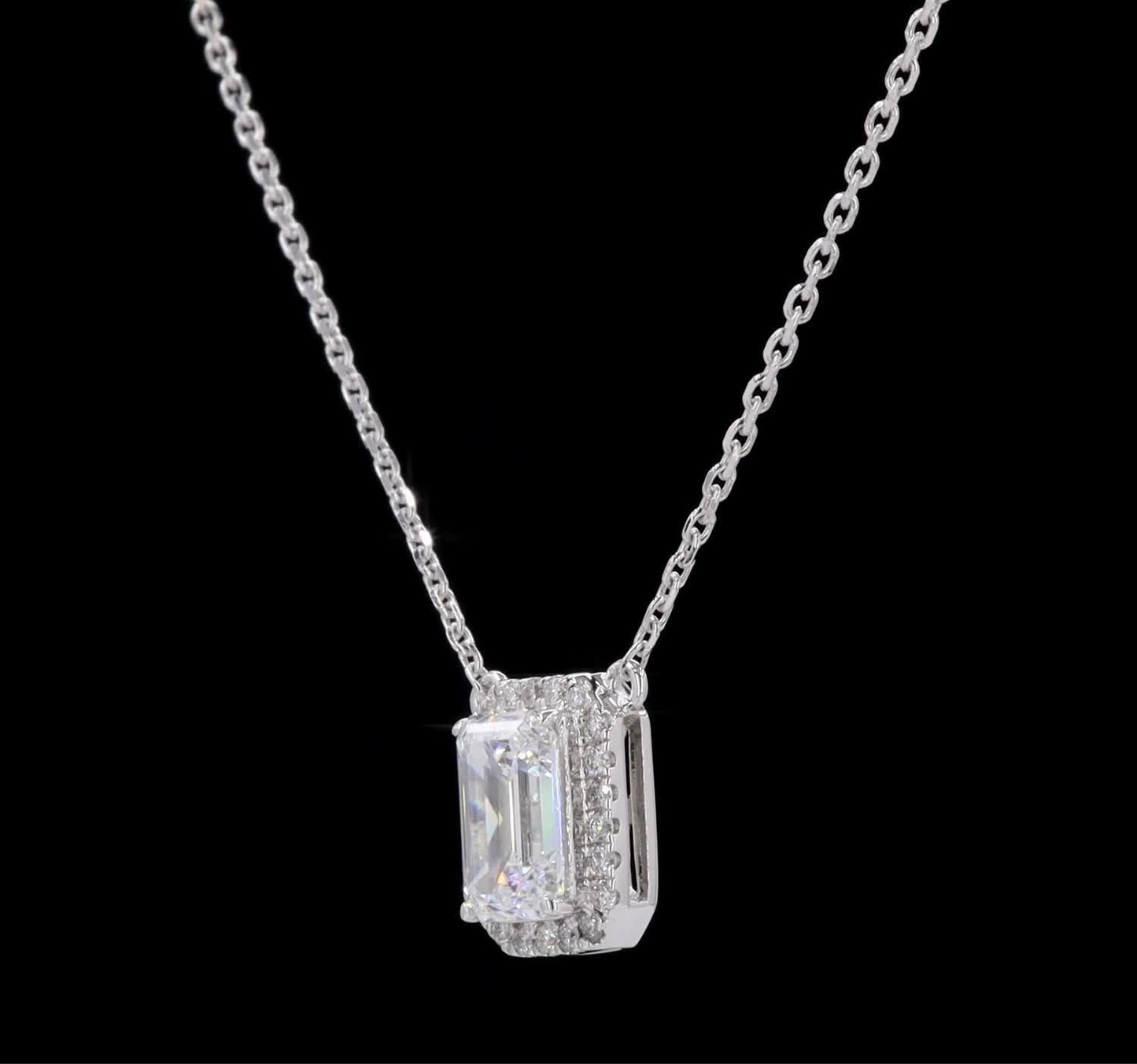 Emerald Cut Diamond Halo Necklace