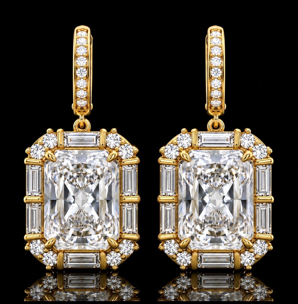 Radiant Cut Diamond Drop Earrings. Baguette & Round Diamond Halo