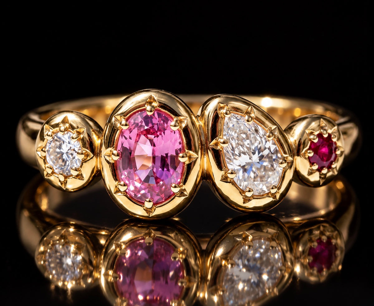 Pink Sapphire, Diamond & Ruby Ring