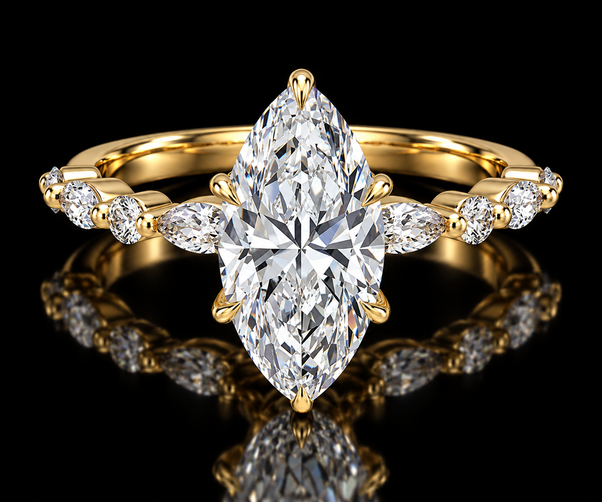 Marquise Engagement Ring with Alternating Diamond Band