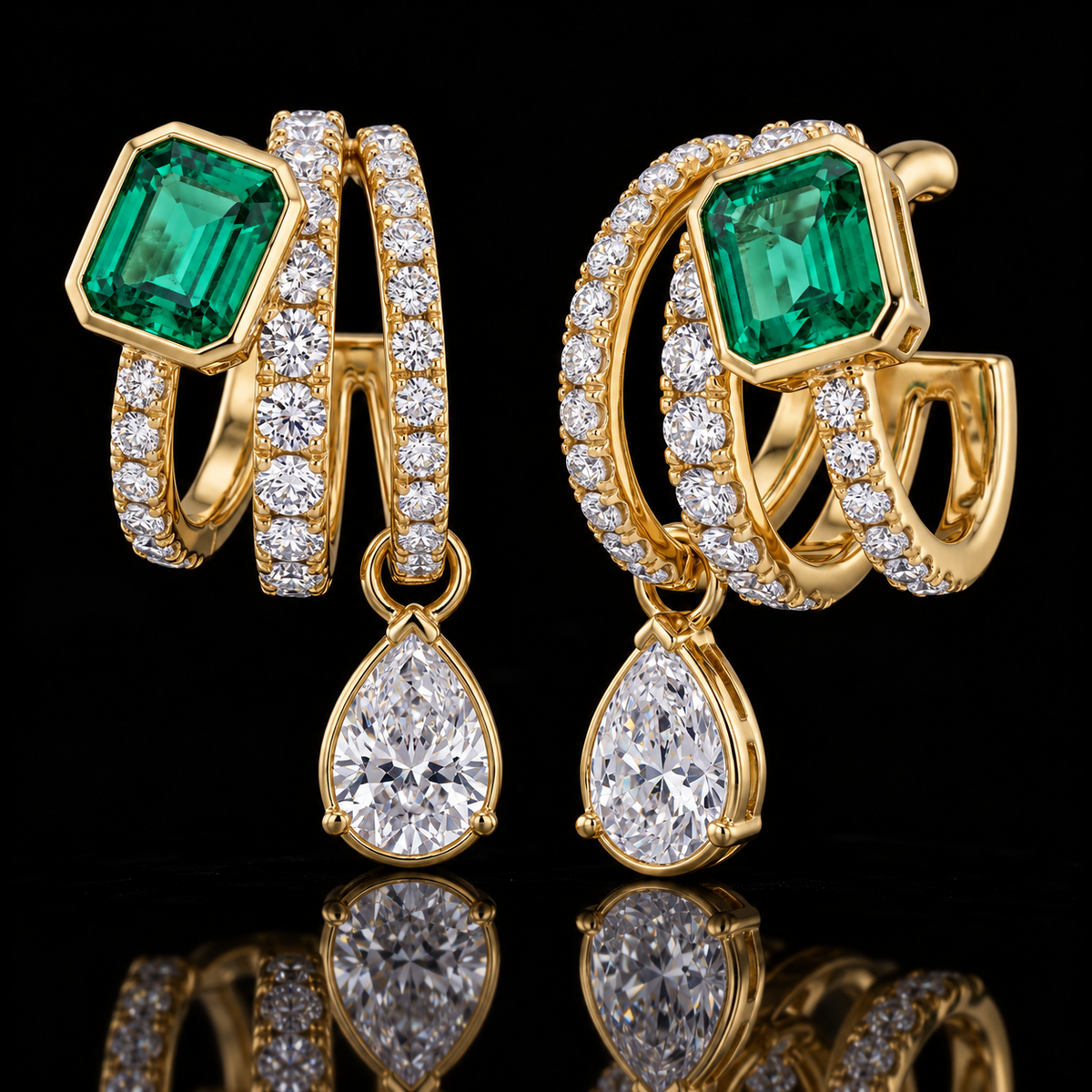 Emerald & Diamond Drop Hoop Earrings