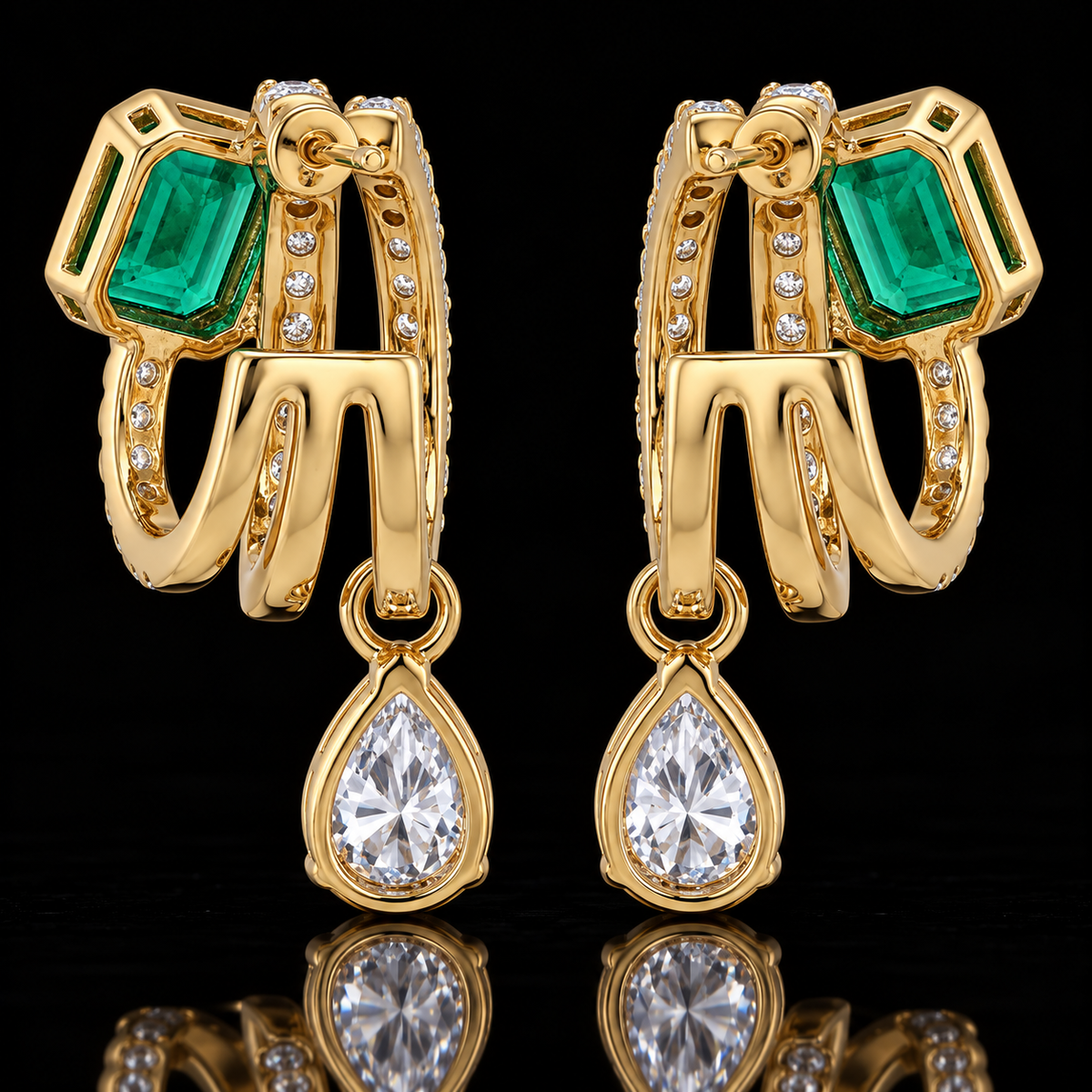 Emerald & Diamond Drop Hoop Earrings